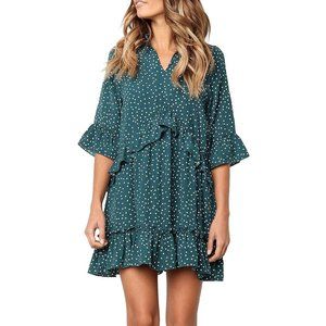 MITILLY Green V Neck Ruffle Polka Dot Pocket Loose Swing Dress